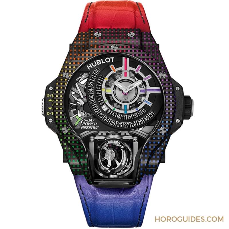 HUBLOT - 為碳纖維表殼編織出彩虹色調(diào)：HUBLOT MP-09雙軸陀飛輪5天動(dòng)力儲(chǔ)存腕表