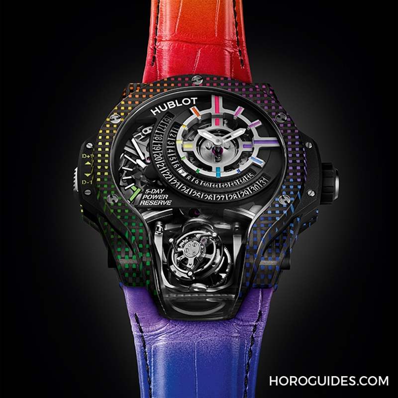 HUBLOT - 為碳纖維表殼編織出彩虹色調(diào)：HUBLOT MP-09雙軸陀飛輪5天動(dòng)力儲(chǔ)存腕表